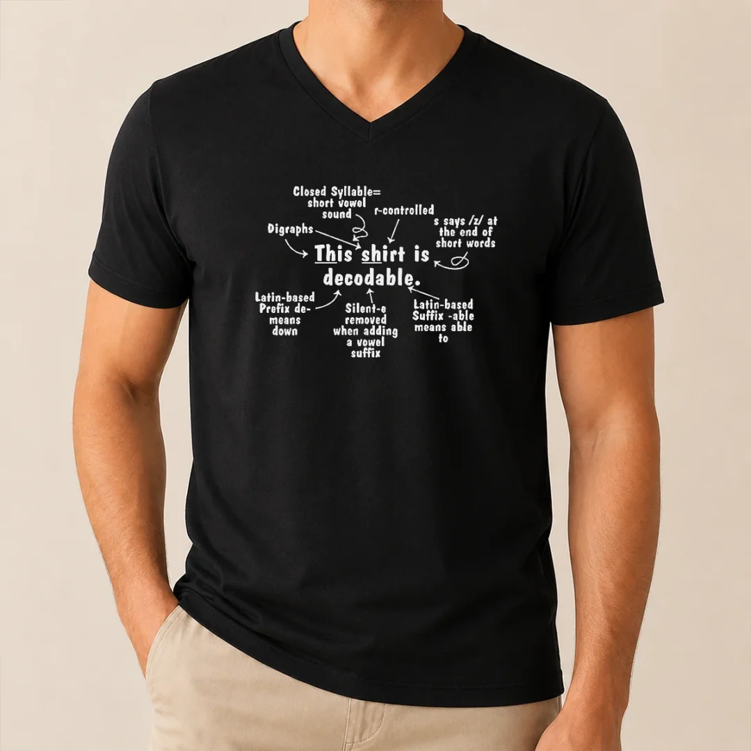 Premium This Shirt Is Decodable Educational Linguistics Chart V Neck Shirt Premium This Shirt Is Decodable Educational Linguistics Chart V Neck Shirt showing front design on a fitted V neck garment