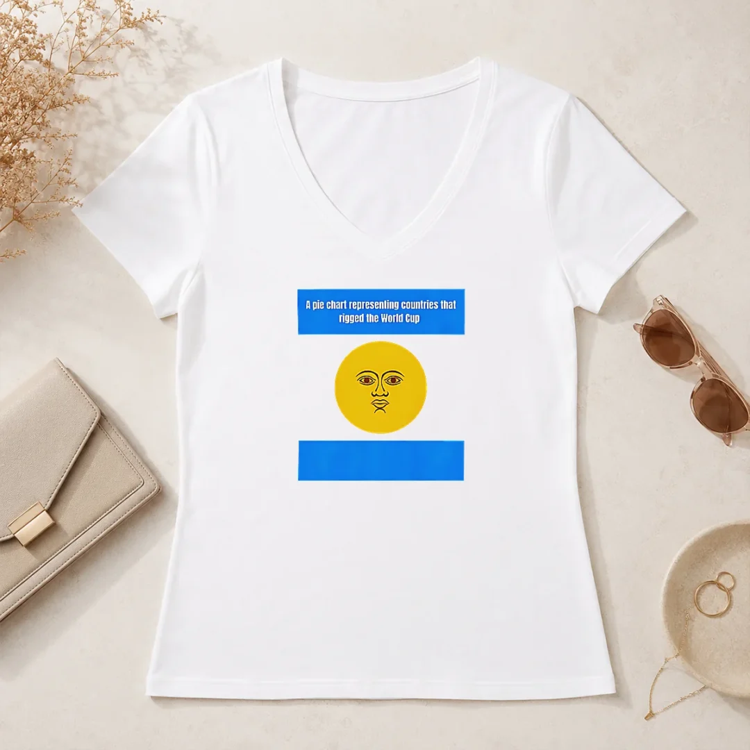 Premium Top Argentina A Pie Chart Representing Countries That Rigged The World Cup v neck Premium Top Argentina A Pie Chart Representing Countries That Rigged The World Cup V Neck Shirt in white with colorful pie chart graphic