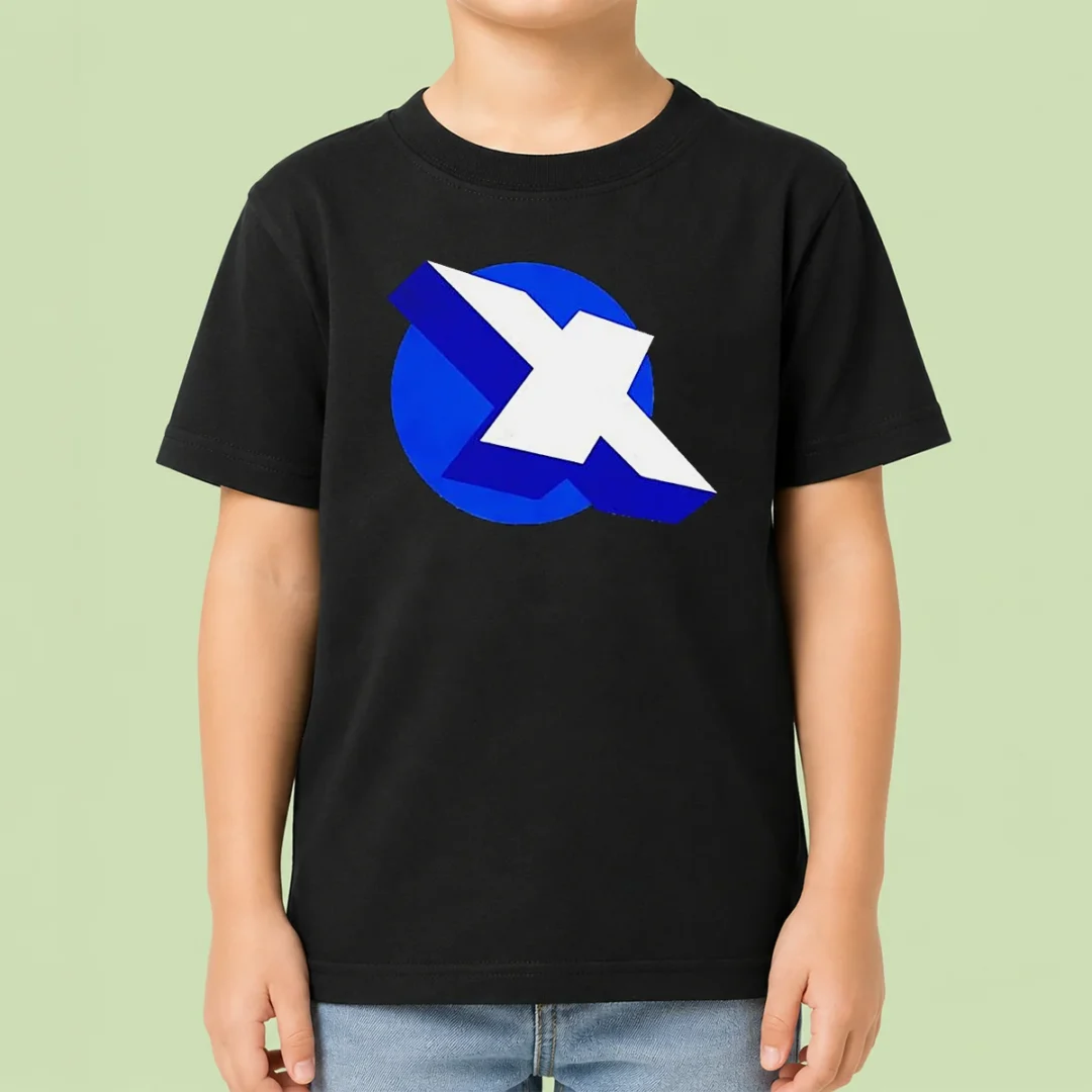 premium-top-x-logo-on-blue-circle-symbol-logo-kids-t-shirt Premium Top X Logo On Blue Circle Symbol Logo Kids T Shirt in vibrant blue with round logo on front