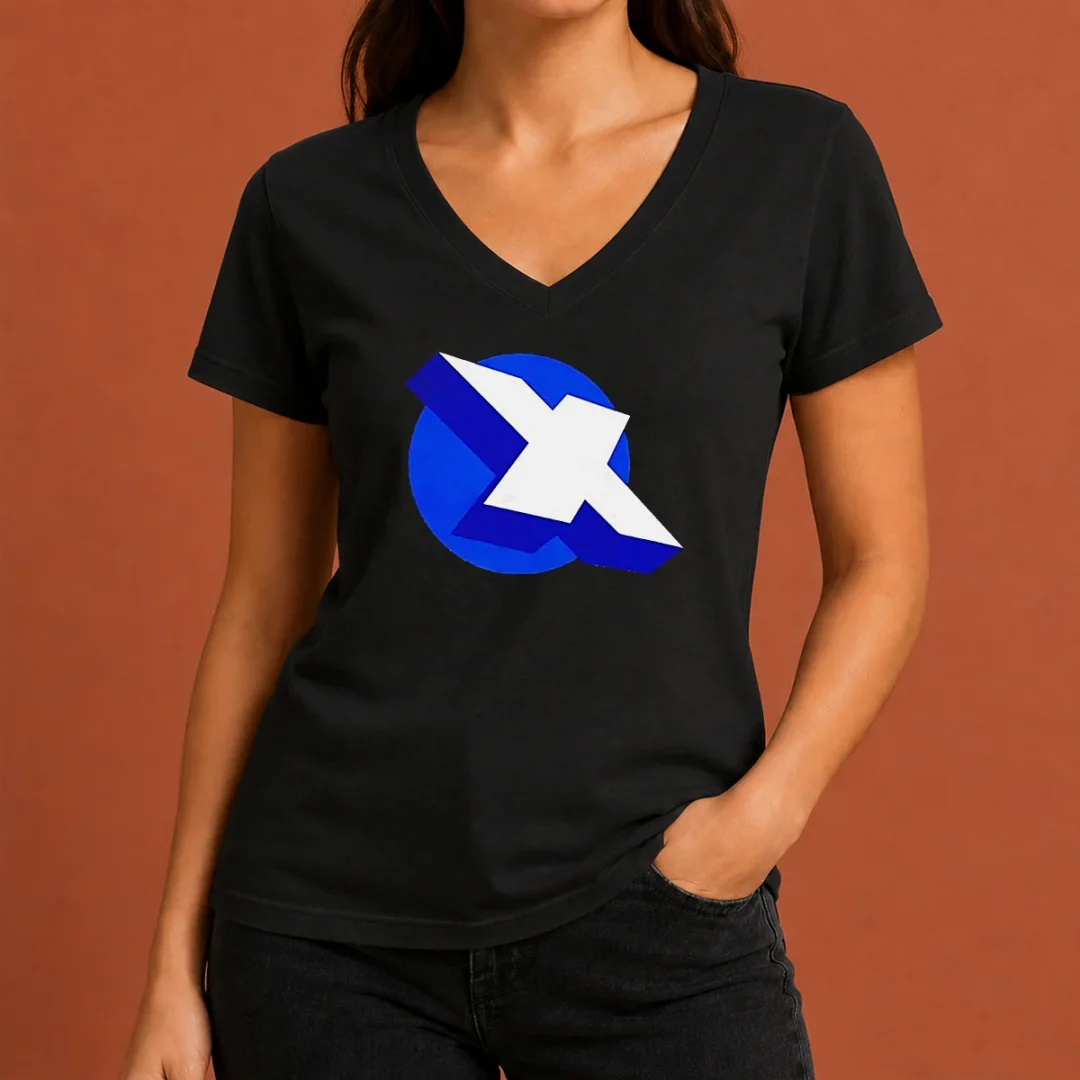 premium-top-x-logo-on-blue-circle-symbol-logo-v-neck-shirt Premium Top X Logo On Blue Circle Symbol Logo V Neck Shirt in navy blue with crisp logo detail
