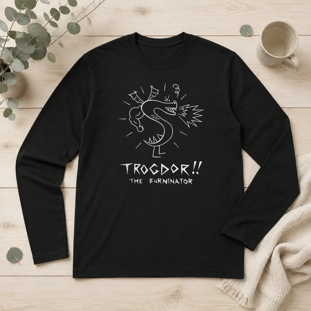 premium-trogdor-the-burninator-homestar-runner-long-sleeve-shirt Premium Trogdor The Burninator Homestar Runner long sleeve shirt in black with detailed graphic print