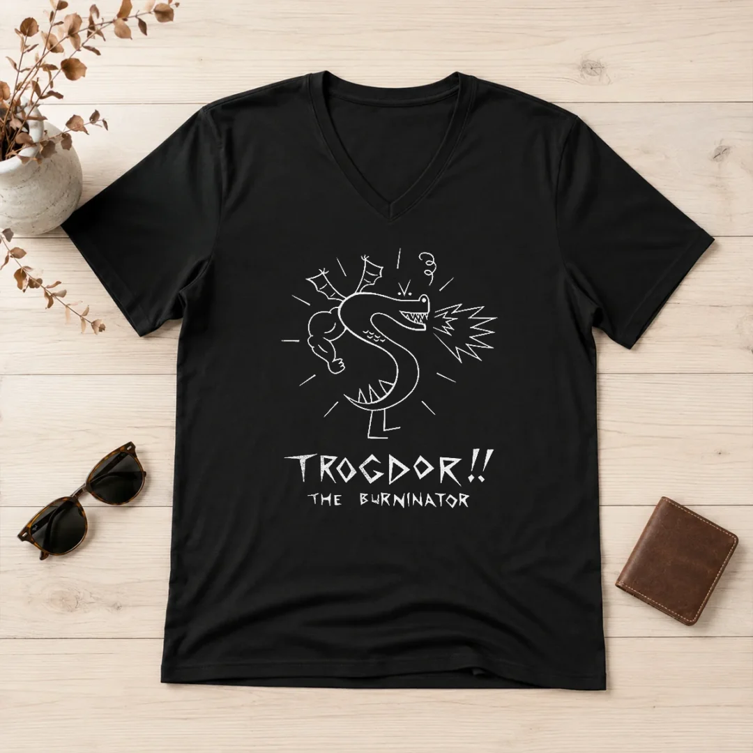 premium-trogdor-the-burninator-homestar-runner-v-neck-shirt Premium Trogdor The Burninator Homestar Runner V Neck Shirt in black with graphic print, soft fabric and fitted style