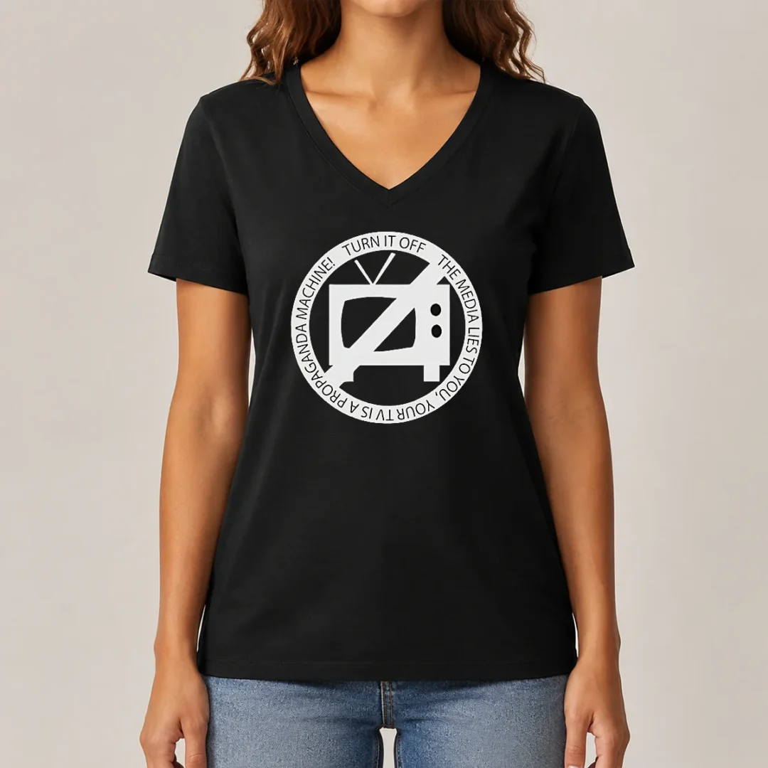 premium-turn-it-off-the-media-lies-to-you-your-tv-is-a-propaganda-machine-v-neck-shirt Premium Turn It Off The Media Lies To You Your TV Is A Propaganda Machine V Neck Shirt in black, women's fitted v neck tee