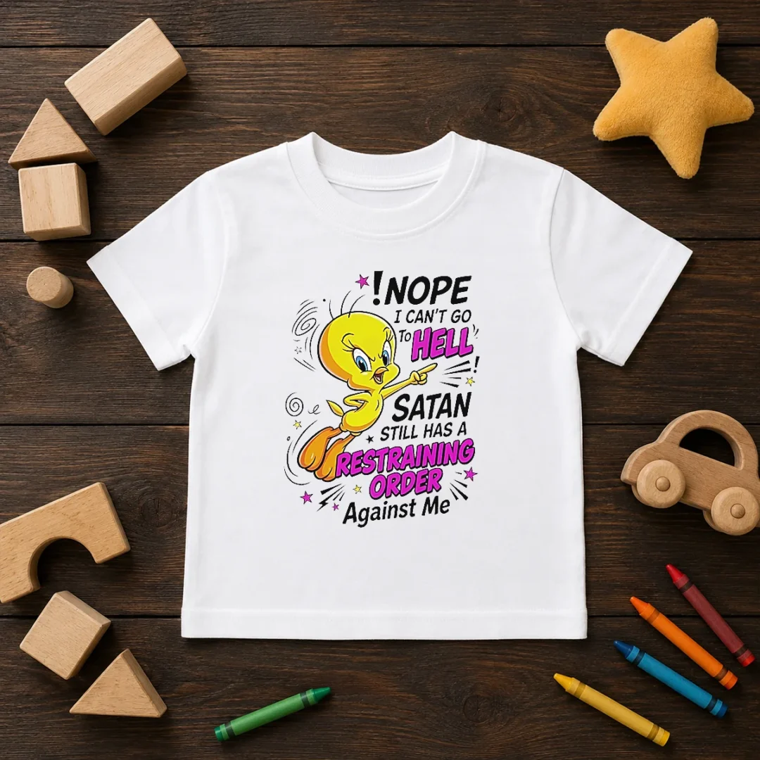 premium-tweety-nope-i-can-t-go-to-hell-satan-still-has-a-restraining-order-against-me-kids-t-shirt Premium Tweety Nope I Can'T Go To Hell Satan Still Has A Restraining Order Against Me Kids T-Shirt