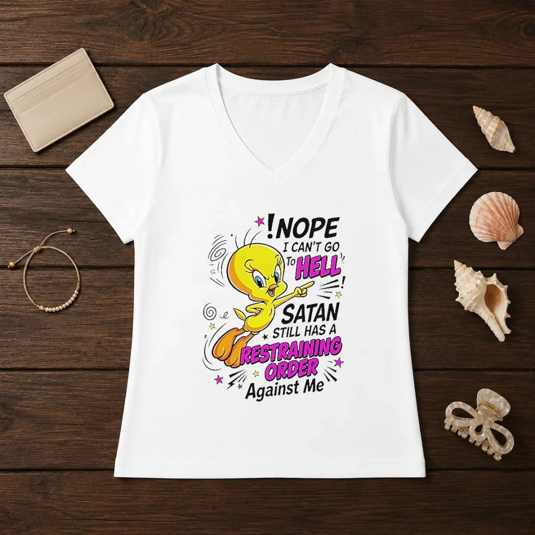 premium-tweety-nope-i-can-t-go-to-hell-satan-still-has-a-restraining-order-against-me-v-neck-shirt Premium Tweety Nope I Can'T Go To Hell Satan Still Has A Restraining Order Against Me V Neck Shirt in black, displayed on a hanger