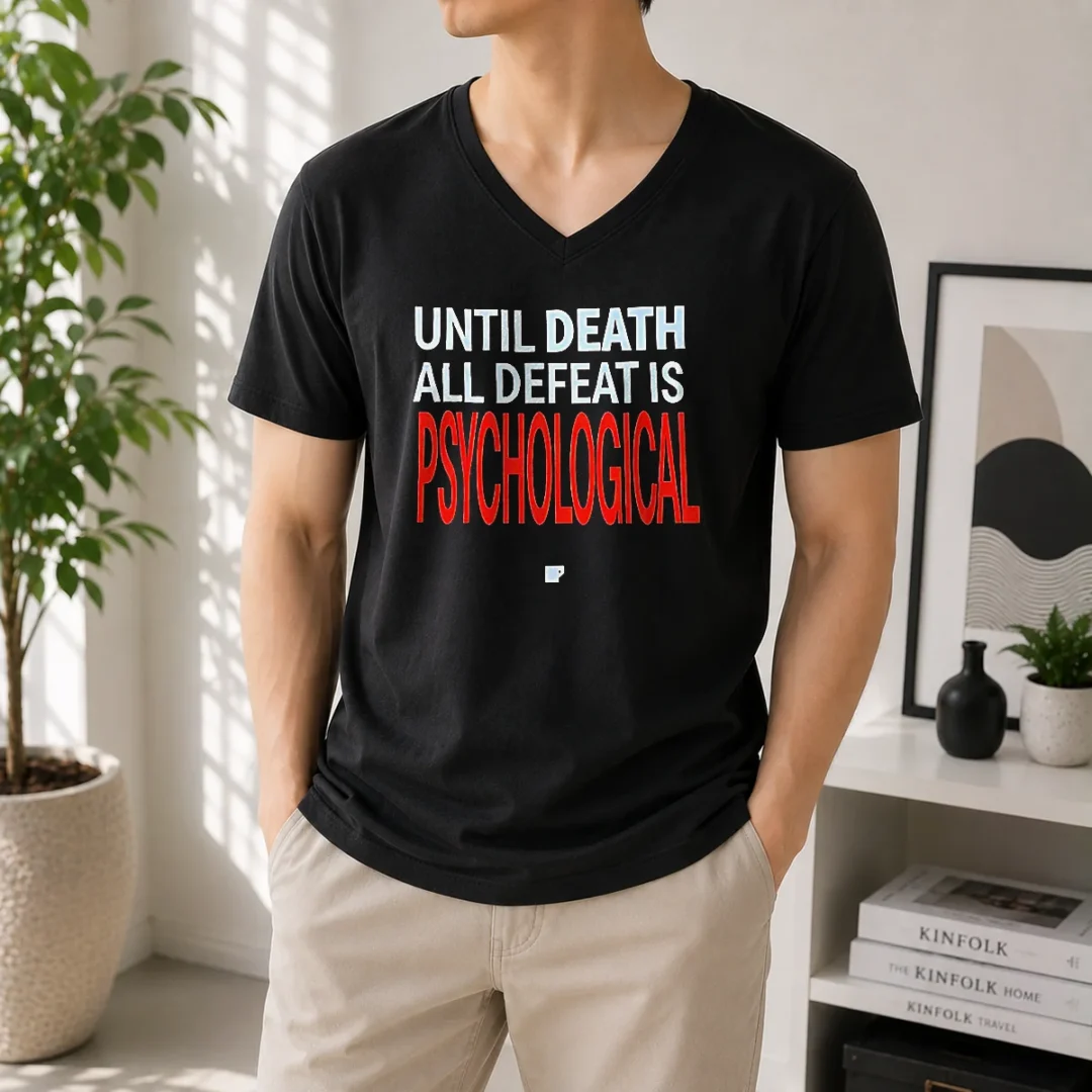 premium-until-death-all-defeat-is-psychological-v-neck-shirt Premium Until Death All Defeat Is Psychological V Neck Shirt in black with bold white text design