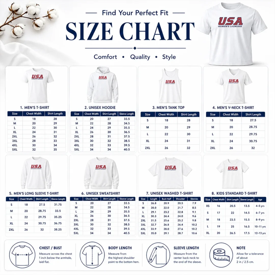Premium USA Women'S Lacrosse Size Chart Size chart for Premium USA Women'S Lacrosse showing measurements in inches and cm