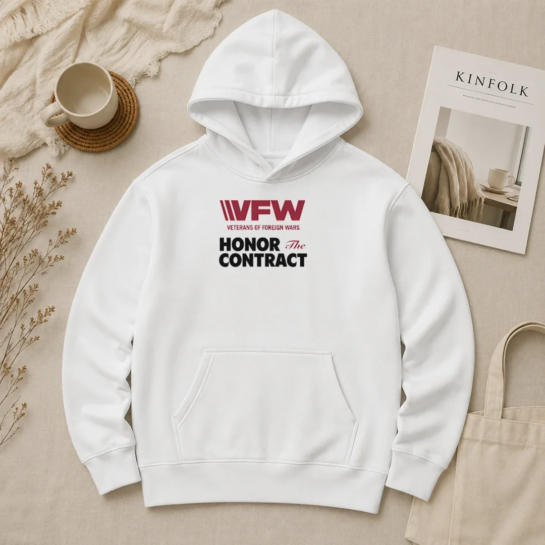 Premium VFW Veterans Of Foreign Wars Honor The Contract Logo Hoodie Premium VFW Veterans Of Foreign Wars Honor The Contract Logo Hoodie in dark color with front graphic and drawstring hood