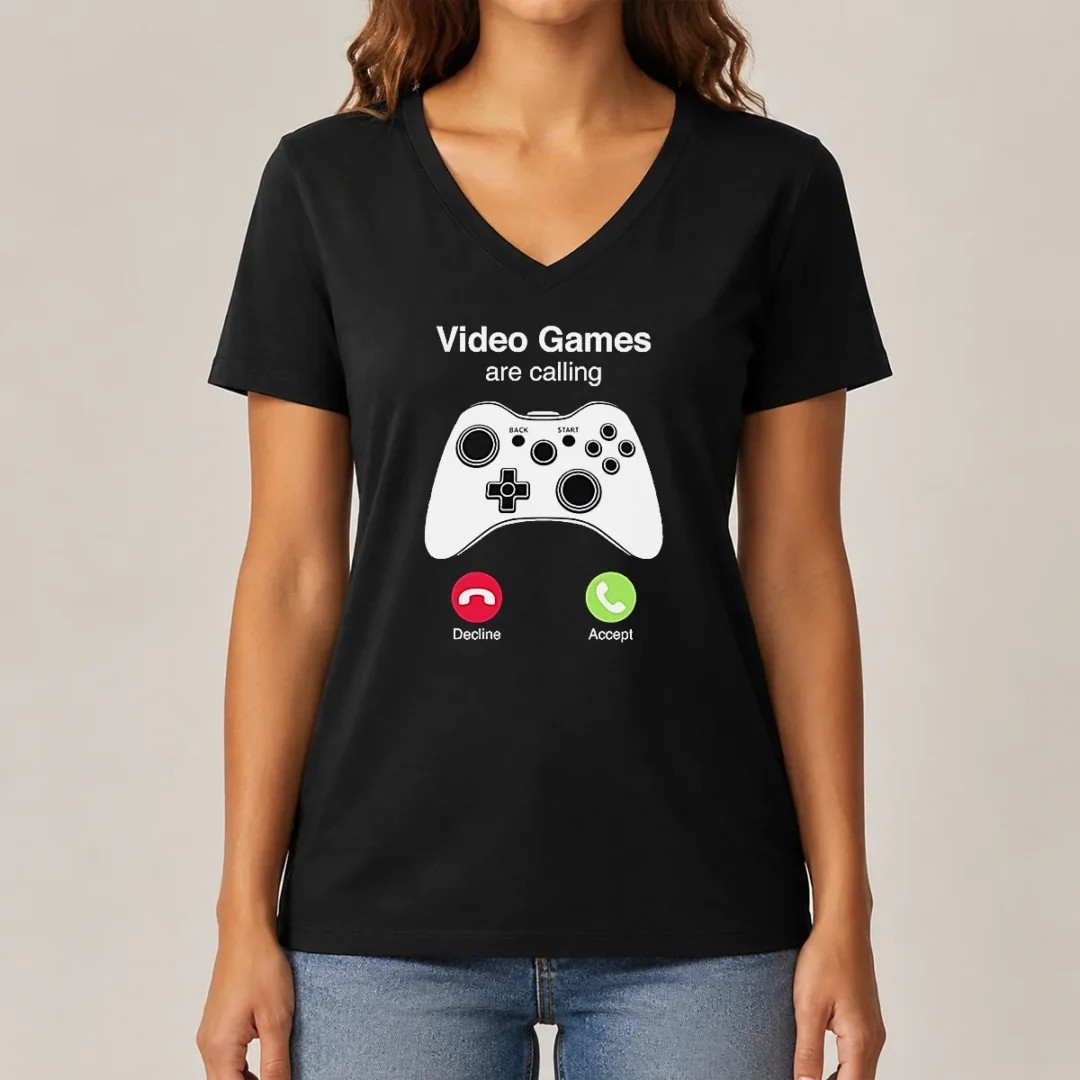 premium-video-games-are-calling-gaming-controller-phone-screen-v-neck-shirt Premium Video Games Are Calling Gaming Controller Phone Screen V Neck Shirt in dark color, soft fabric, slim fit