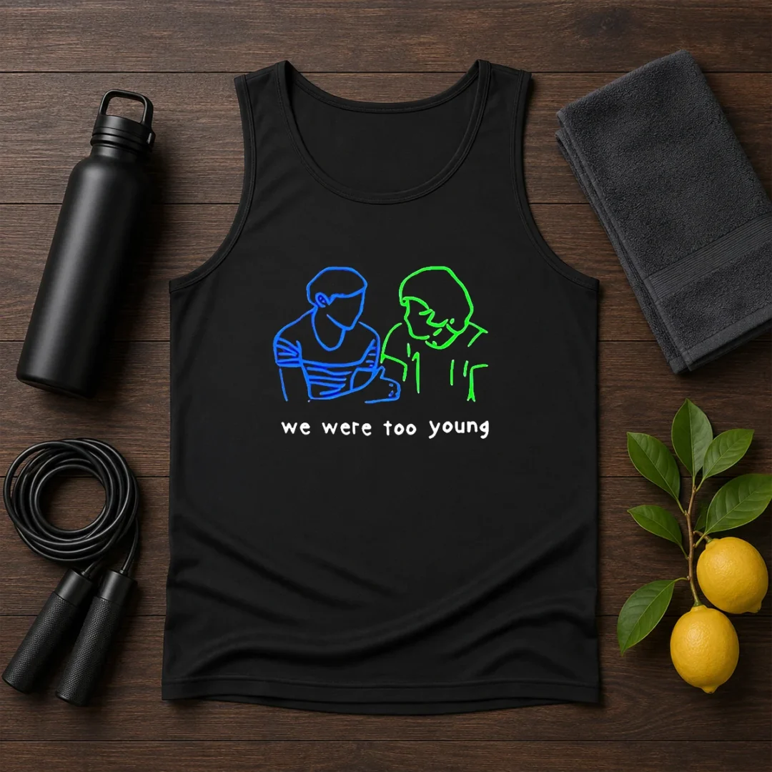 premium-we-were-too-young-line-art-couple-tank-top Premium We Were Too Young Line Art Couple Tank Top in white, featuring minimalist line art design on a sleeveless garment