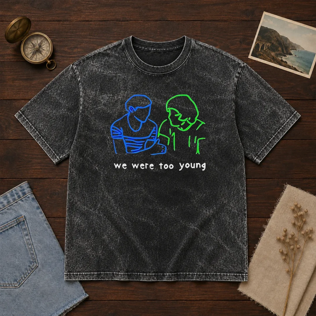 premium-we-were-too-young-line-art-couple-washed-t-shirt Premium We Were Too Young Line Art Couple Washed T-Shirt