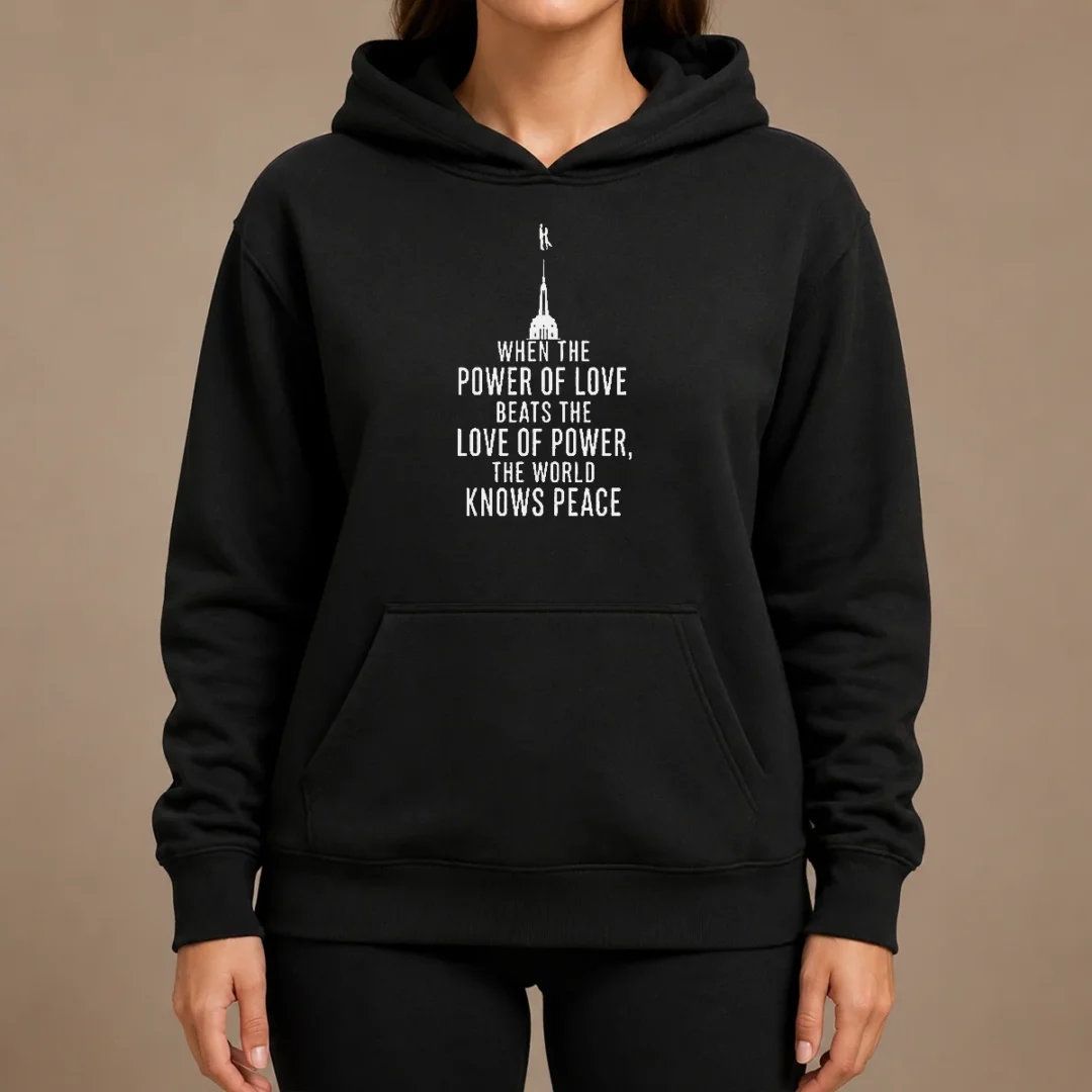 Pretty Awesome When The Power Of Love Beats The Love Of Power The World Knows Peace Hoodie Pretty Awesome When The Power Of Love Beats The Love Of Power The World Knows Peace Hoodie in black, front view with kangaroo pocket
