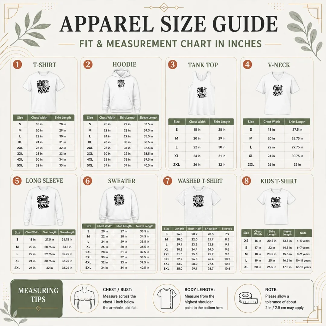 pretty-back-to-school-ready-to-rule-silhouette-size-chart Size chart for Pretty Back To School Ready To Rule Silhouette with measurements in inches and cm