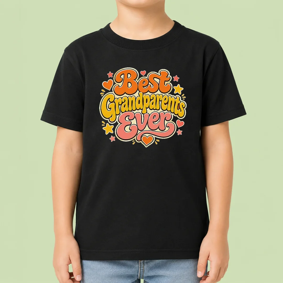 pretty-best-grandparents-ever-groovy-retro-kids-t-shirt Pretty Best Grandparents Ever Groovy Retro Kids T Shirt in colorful retro style on a children's cotton tee