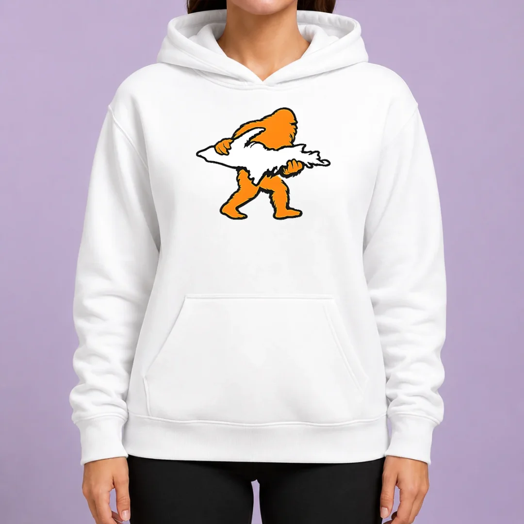 pretty-bigfoot-holding-up-of-michigan-upper-peninsula-hoodie Pretty Bigfoot Holding UP Of Michigan Upper Peninsula Hoodie in charcoal gray, front view with kangaroo pocket and drawstring hood