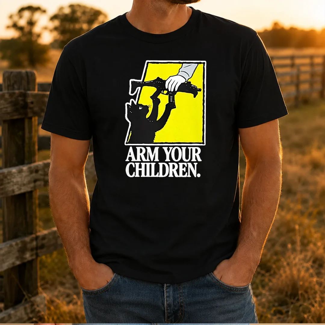 pretty-black-cat-with-gun-satire-arm-your-children-t-shirt Pretty Black Cat With Gun Satire Arm Your Children t shirt in black, featuring a bold graphic design on a classic crew neck