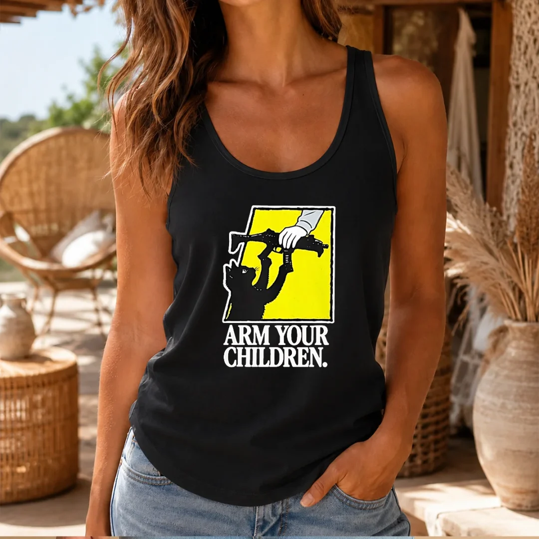 pretty-black-cat-with-gun-satire-arm-your-children-tank-top Pretty Black Cat With Gun Satire Arm Your Children Tank Top