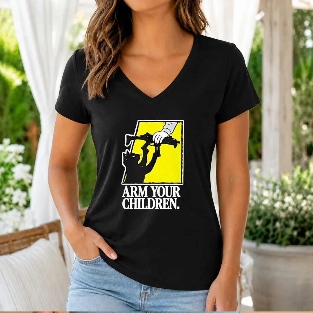 pretty-black-cat-with-gun-satire-arm-your-children-v-neck-shirt Pretty Black Cat With Gun Satire Arm Your Children printed on a black V neck shirt, front view