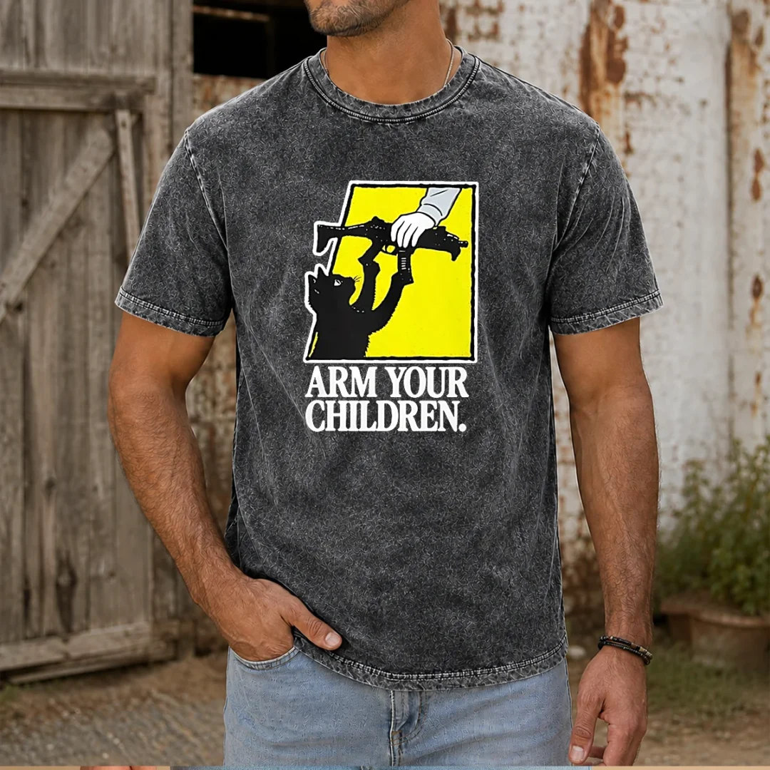 pretty-black-cat-with-gun-satire-arm-your-children-washed-t-shirt Pretty Black Cat With Gun Satire Arm Your Children Washed T-Shirt