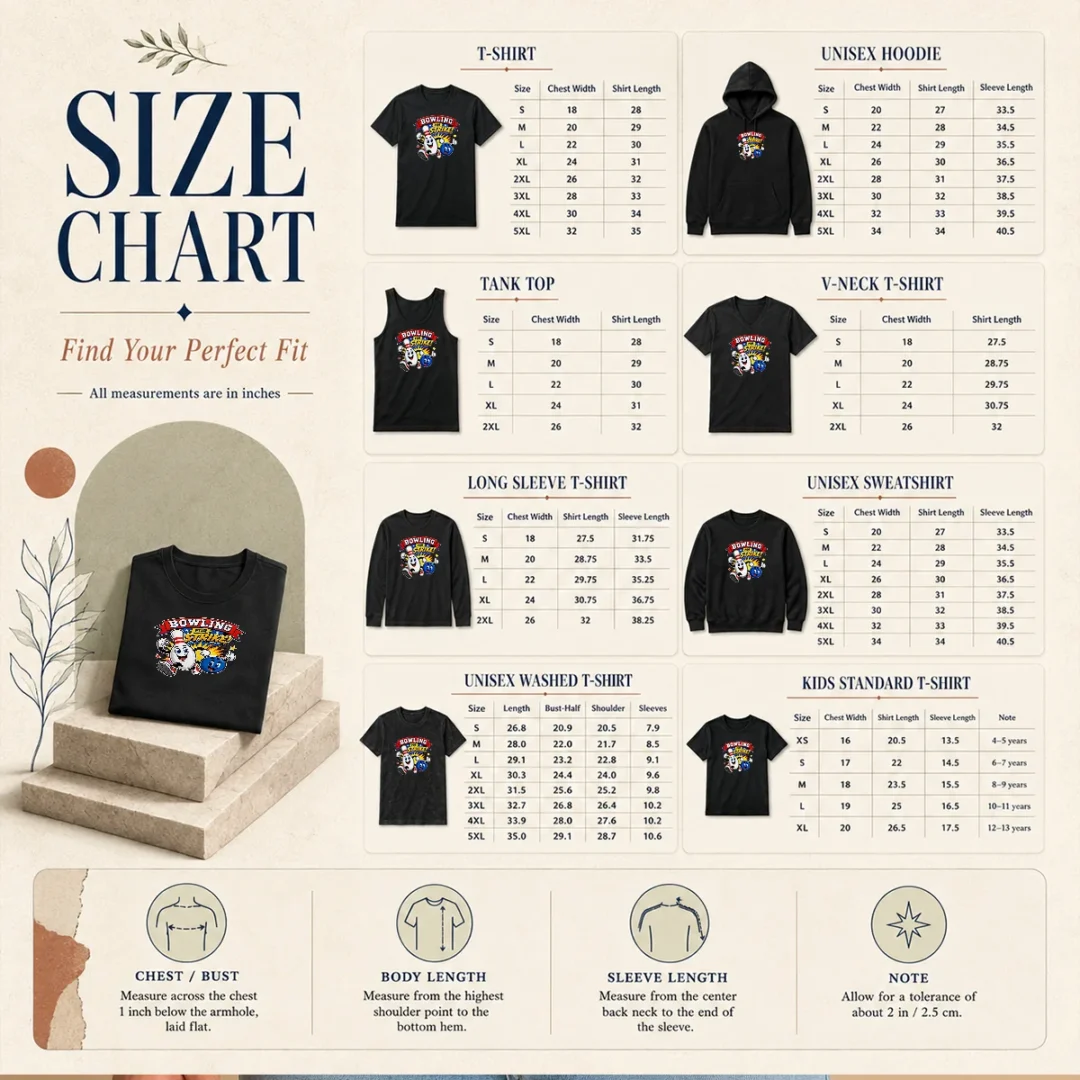pretty-bowling-for-strike-cheerful-mascot-size-chart Size chart for Pretty Bowling For Strike Cheerful Mascot with measurements in inches and centimeters