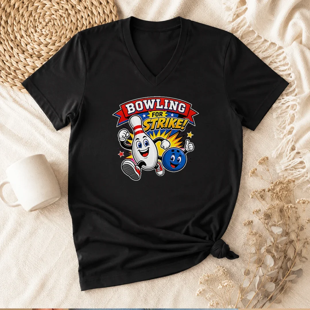 pretty-bowling-for-strike-cheerful-mascot-v-neck Pretty Bowling For Strike Cheerful Mascot V Neck Shirt featuring a colorful mascot design on a comfortable v neck garment