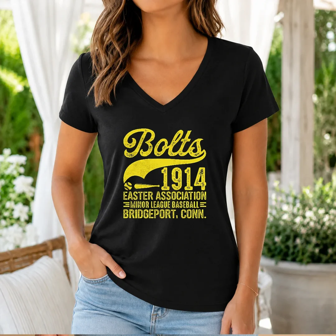 pretty-bridgeport-bolts-connecticut-vintage-baseball-team-v-neck Pretty Bridgeport Bolts Connecticut Vintage Baseball Team V Neck Shirt in soft fabric with classic baseball design