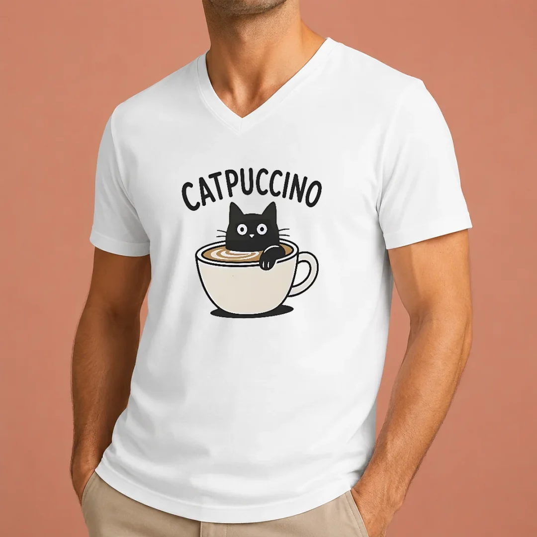 pretty-catpuccino-black-cat-in-a-coffee-cup-cappuccino-v-neck-shirt Pretty Catpuccino Black Cat In A Coffee Cup Cappuccino V-Neck Shirt
