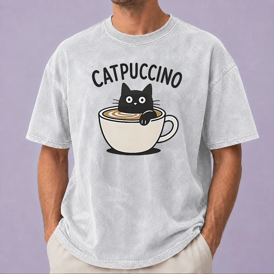 pretty-catpuccino-black-cat-in-a-coffee-cup-cappuccino-washed-t-shirt Pretty Catpuccino Black Cat In A Coffee Cup Cappuccino Washed T Shirt front view with soft fabric texture