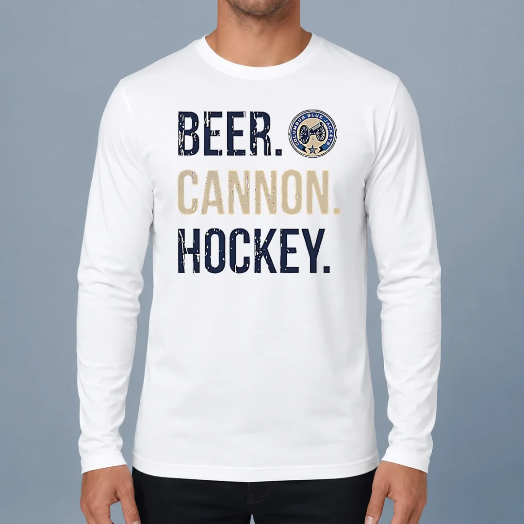 pretty-columbus-blue-jackets-beer-cannon-hockey-long-sleeve-shirt Pretty Columbus Blue Jackets Beer Cannon Hockey long sleeve shirt featuring team colors and logo design