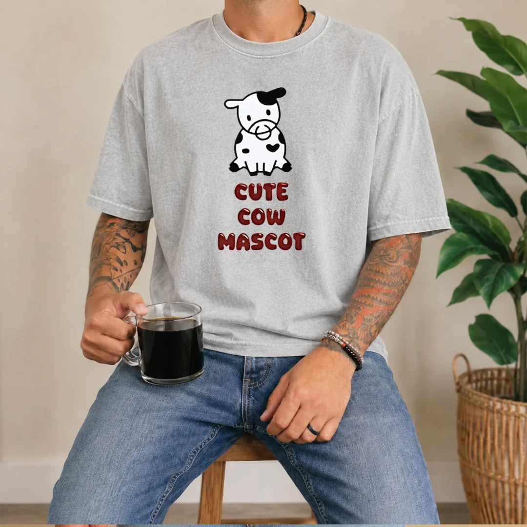 pretty-cute-cow-mascot-washed-t-shirt Pretty Cute Cow Mascot Washed T Shirt in soft cotton with faded vintage look and short sleeves
