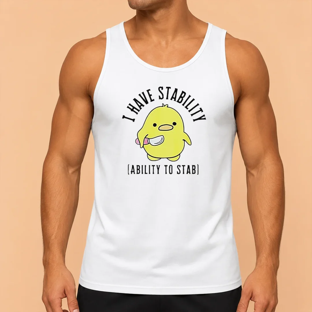 pretty-cute-duck-i-have-stability-ability-to-stab-pun-meme-quote-yellow-bird-tank-top Pretty Cute Duck I Have Stability Ability To Stab Pun Meme Quote Yellow Bird Tank Top