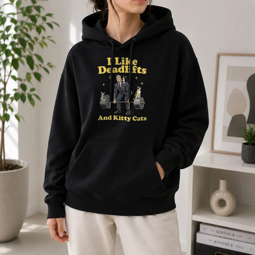 pretty-deadlifts-and-kitties-businessman-hoodie Pretty Deadlifts And Kitties Businessman Hoodie in dark color with front graphic print, cozy and comfortable fit