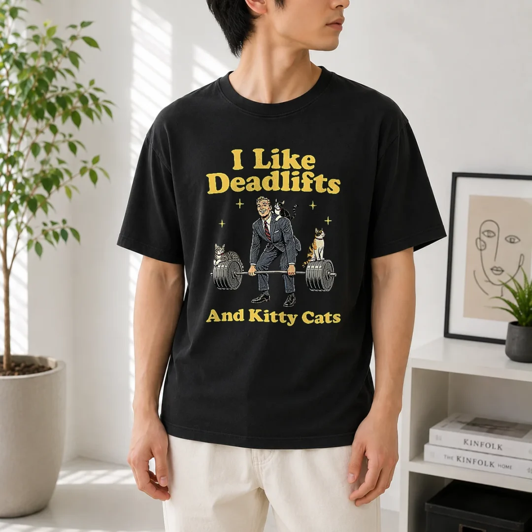 pretty-deadlifts-and-kitties-businessman-t-shirt-1 Pretty Deadlifts And Kitties Businessman t shirt in black with bold graphic print featuring deadlifts and cats