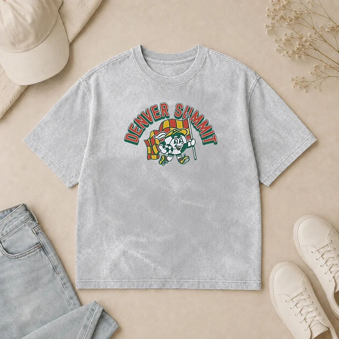 Pretty Denver Summit Mascot Soccer Ball Character Washed T Shirt Pretty Denver Summit Mascot Soccer Ball Character printed on a soft washed t shirt with a vintage look