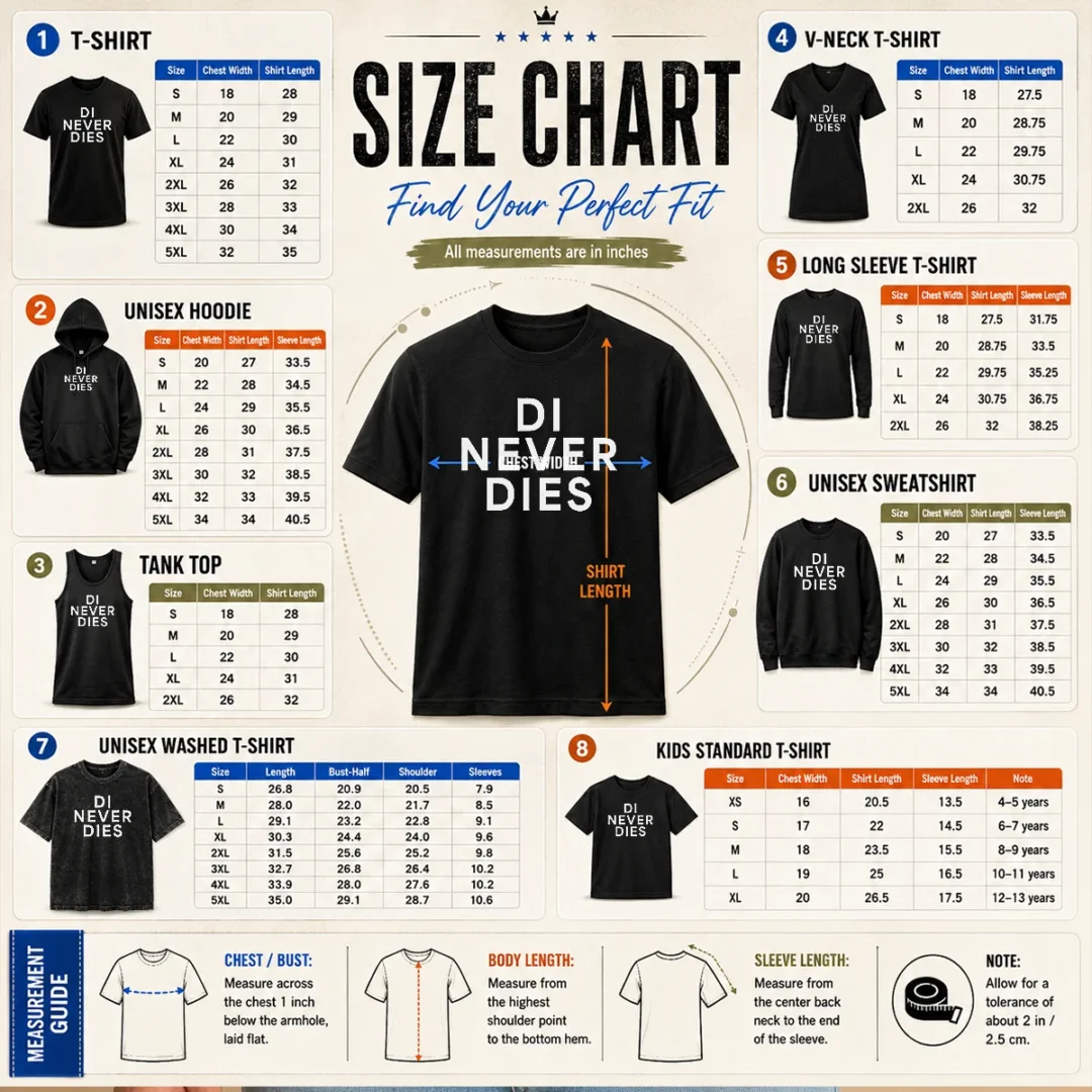 pretty-di-never-dies-size-chart Size chart for Pretty Di Never Dies with measurements in inches and cm