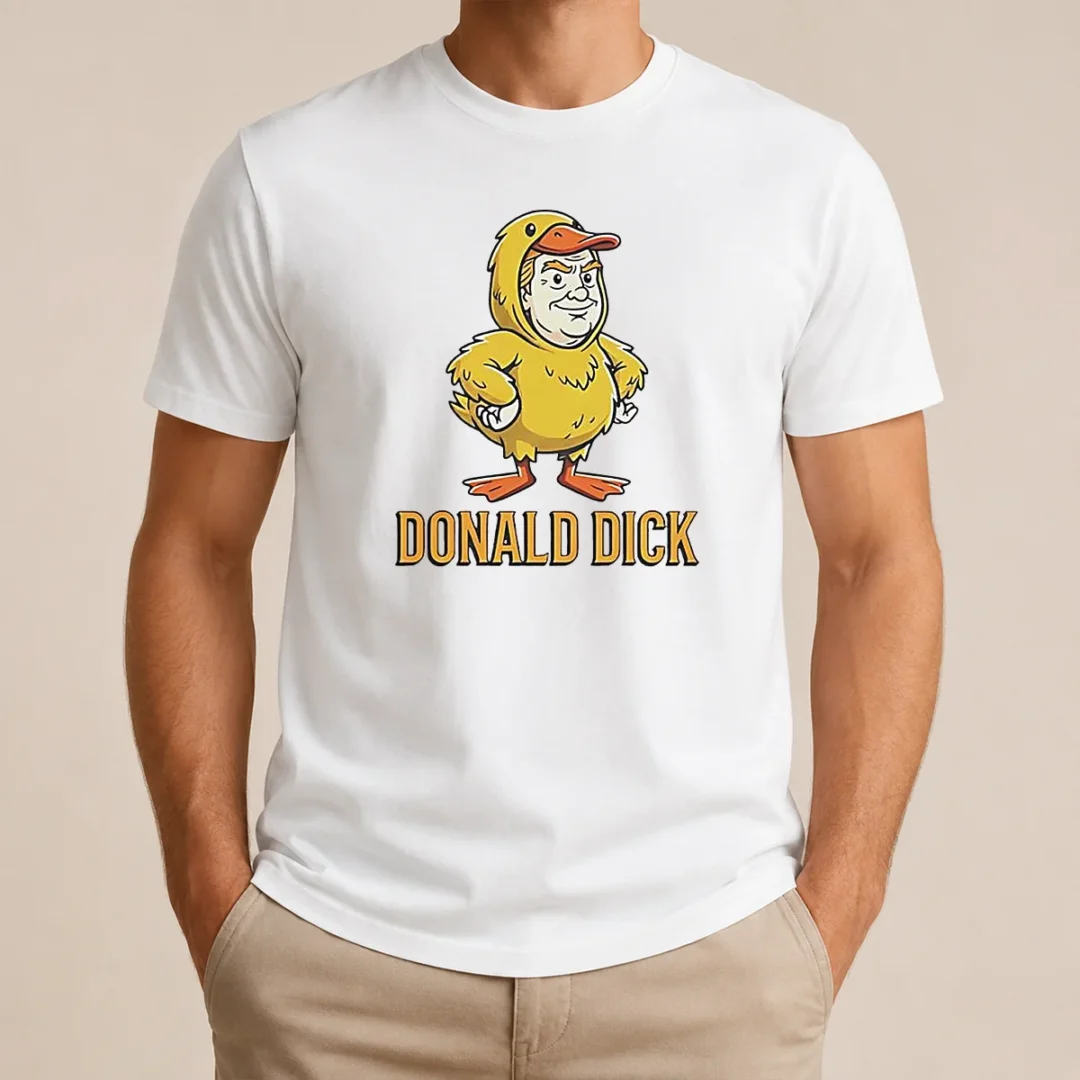 Pretty Donald Dick Parody T Shirt Pretty Donald Dick Parody t shirt showing front graphic print on a classic crew neck cotton tee