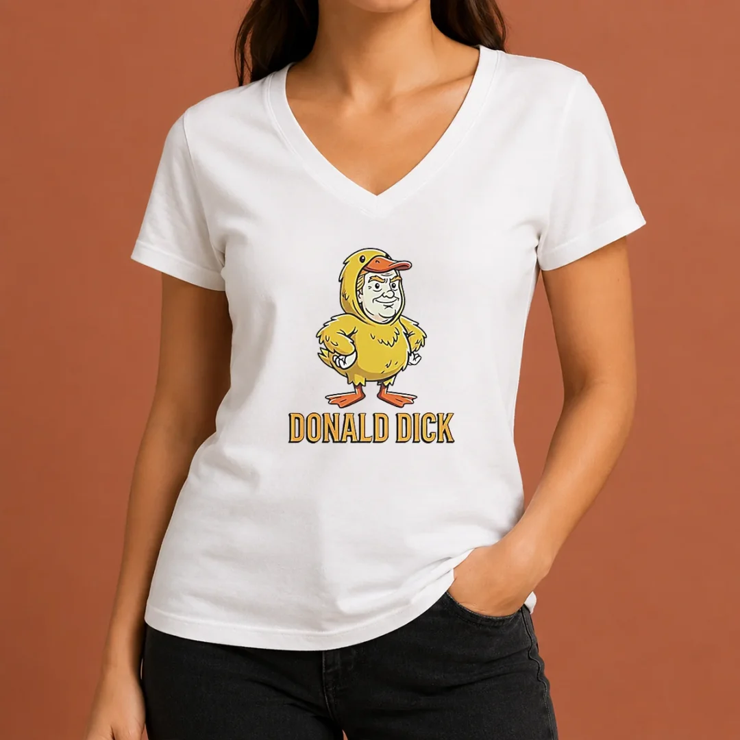 Pretty Donald Dick Parody V Neck Shirt Pretty Donald Dick Parody V Neck Shirt featuring a bold graphic on a soft cotton blend fabric with a flattering V neckline