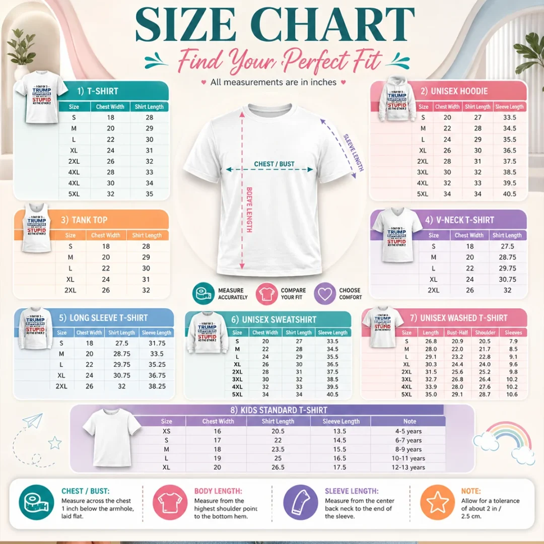 pretty-donald-trump-1-out-of-3-supporters-are-just-as-stupid-as-the-other-2-size-chart Size chart for Pretty Donald Trump 1 Out Of 3 Supporters shirt with measurements in inches and cm