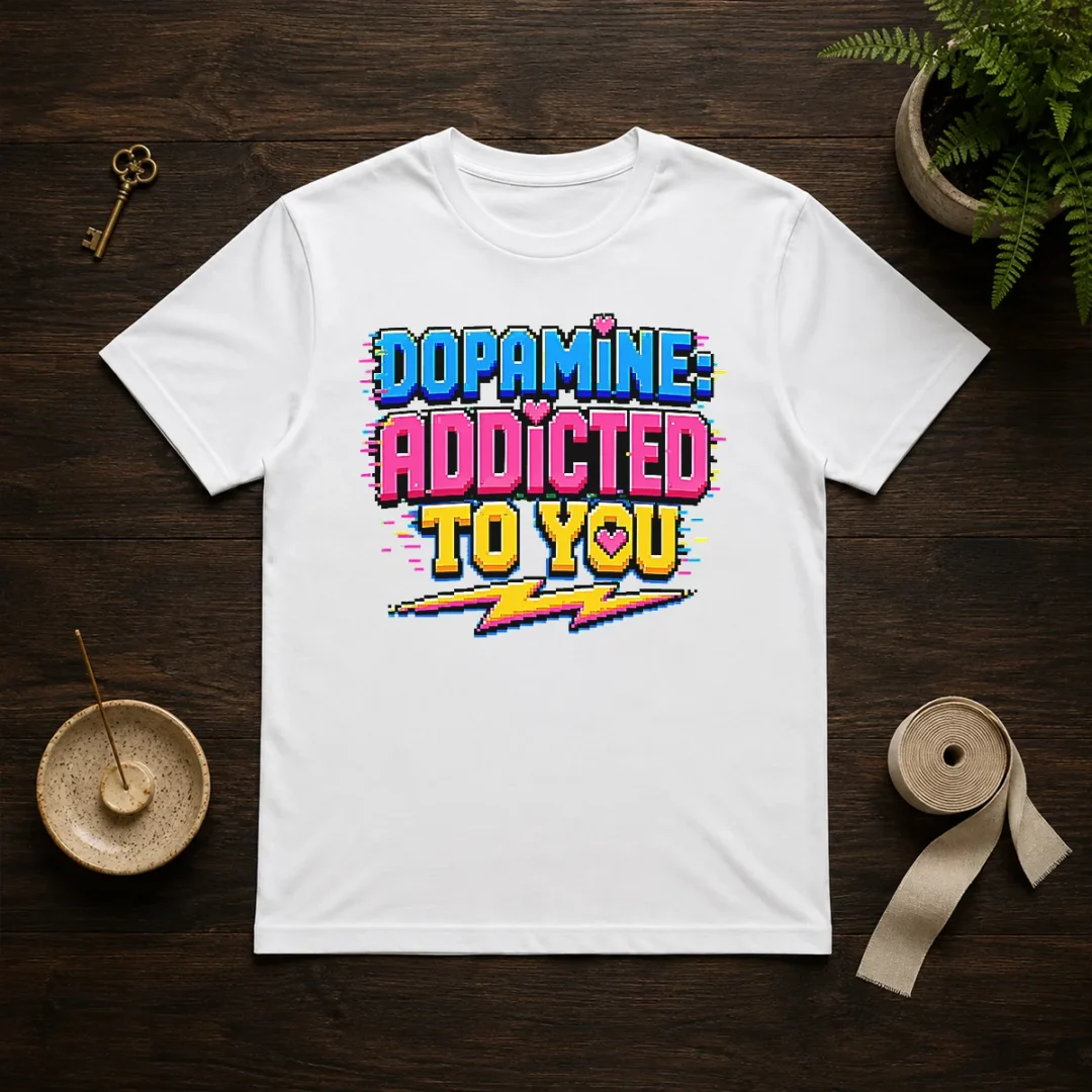 pretty-dopamine-addicted-to-you-pixel-love-t-shirt Pretty Dopamine Addicted To You Pixel Love t shirt featuring vibrant pixel art design on a classic crew neck cotton tee