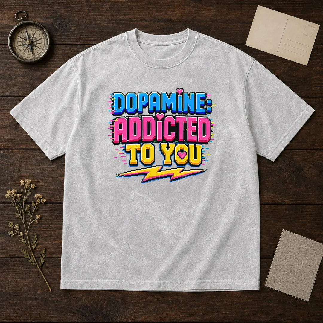 pretty-dopamine-addicted-to-you-pixel-love-washed-t-shirt Pretty Dopamine Addicted To You Pixel Love Washed T Shirt showing front graphic on soft cotton fabric