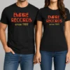 Pretty Empire Records t shirt in black with white and red logo print, classic crew neck cotton tee