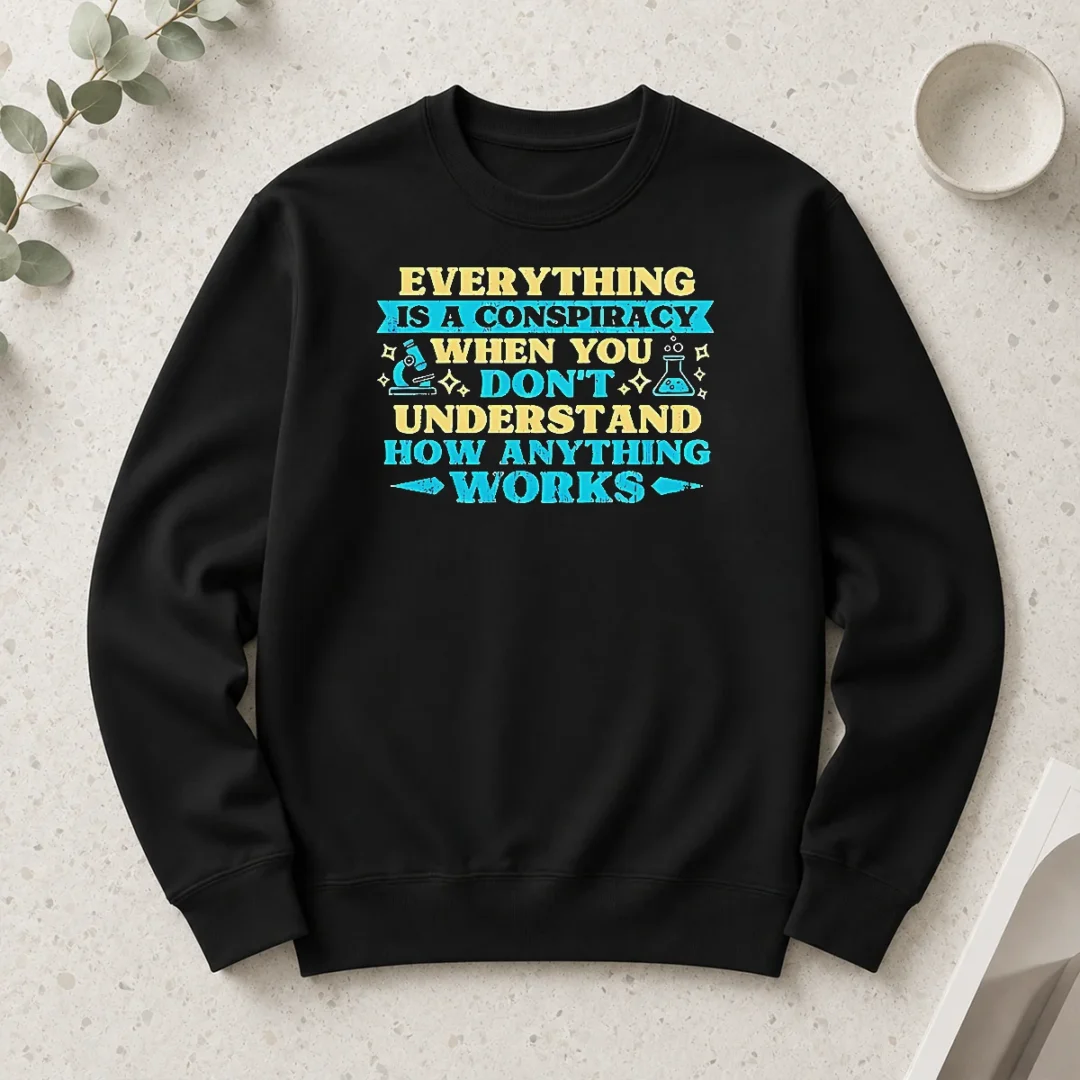 pretty-everything-is-a-conspiracy-when-you-don-t-understand-how-anything-works-long-sleeve Pretty Everything Is A Conspiracy When You Don'T Understand How Anything Works long sleeve shirt in white with bold black text design