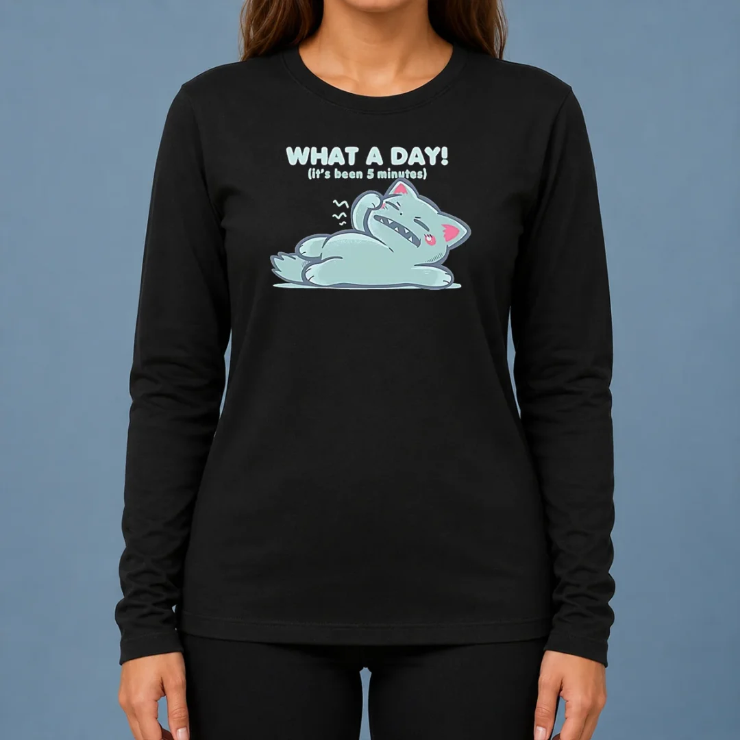 pretty-exhausted-cartoon-cat-lying-down-what-a-day-it-s-been-5-minutes-long-sleeve-shirt-1 Pretty Exhausted Cartoon Cat Lying Down What A Day It'S Been 5 Minutes Long Sleeve Shirt