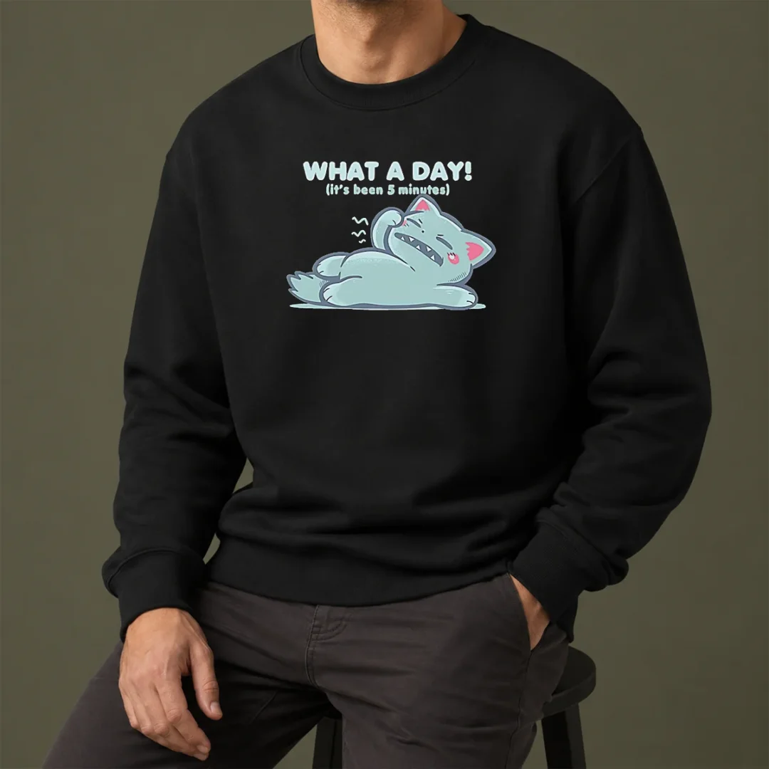 pretty-exhausted-cartoon-cat-lying-down-what-a-day-it-s-been-5-minutes-sweater-1 Pretty Exhausted Cartoon Cat Lying Down What A Day It'S Been 5 Minutes Sweater