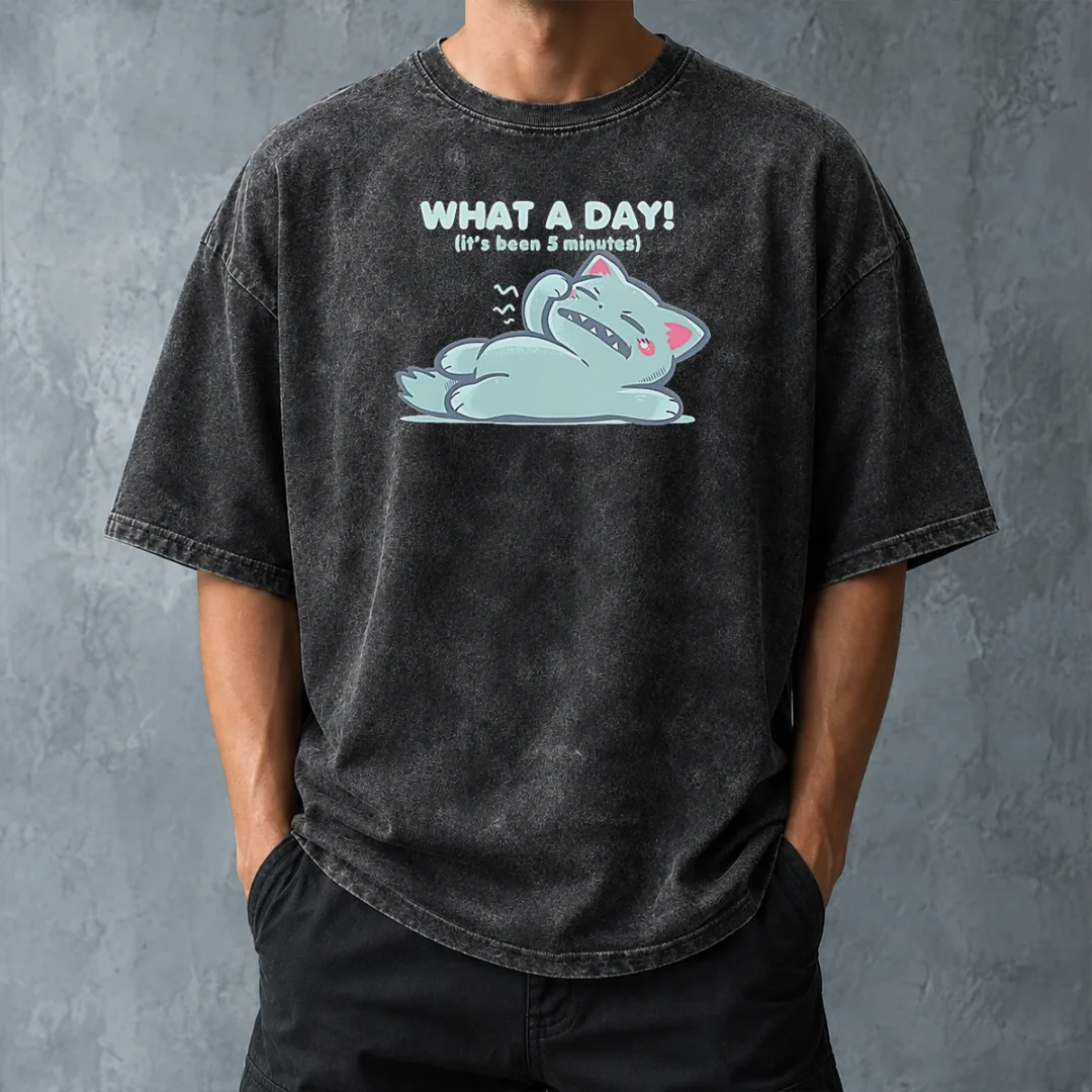 pretty-exhausted-cartoon-cat-lying-down-what-a-day-it-s-been-5-minutes-washed-t-shirt-washed-tshirt-1 Pretty Exhausted Cartoon Cat Lying Down What A Day It'S Been 5 Minutes Washed T-Shirt