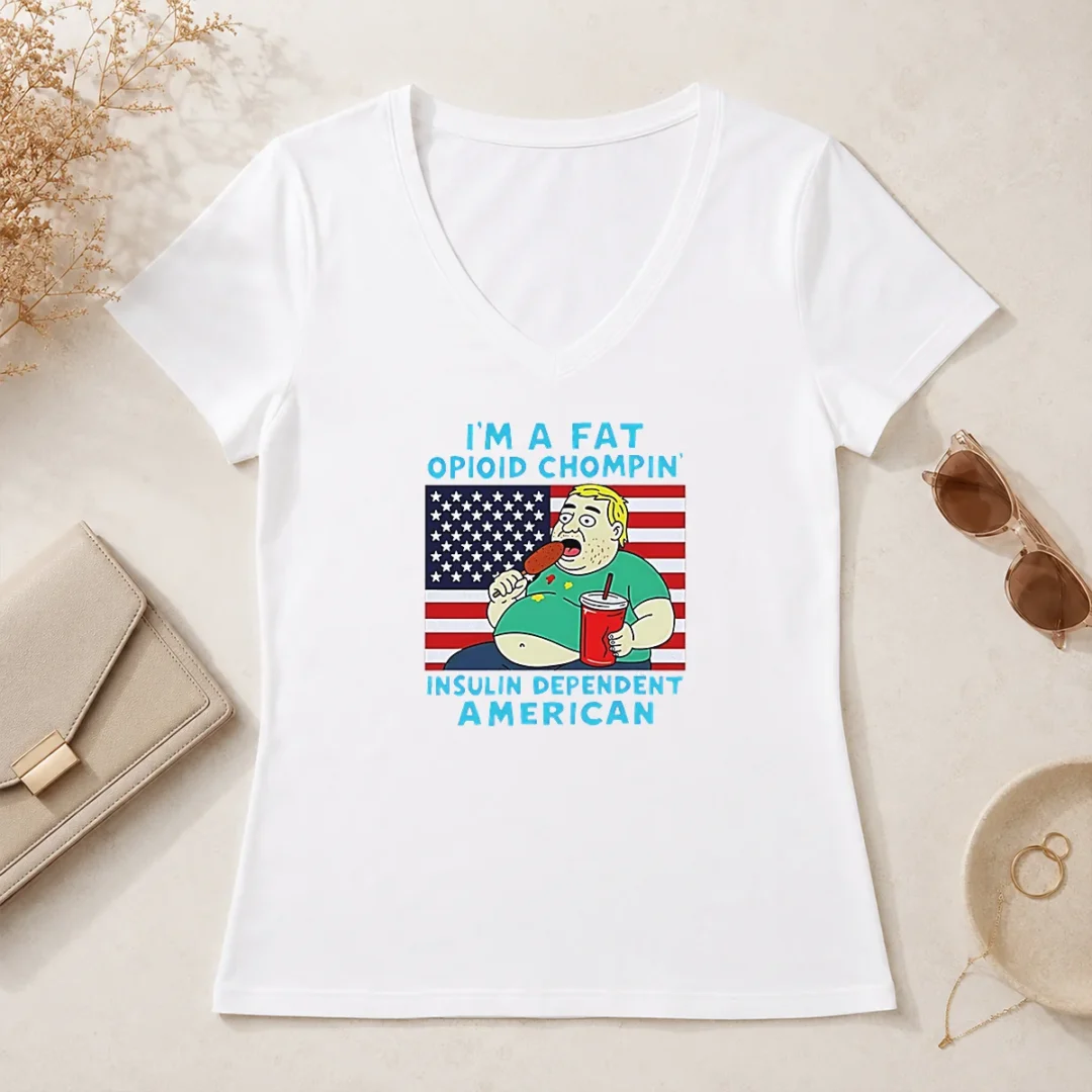 Pretty Fat Opioid Chompin Insulin Dependent American V Neck Shirt Pretty Fat Opioid Chompin Insulin Dependent American V Neck Shirt in black with bold white text on front
