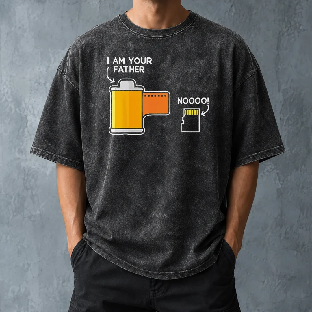 pretty-film-canister-telling-the-scared-sd-memory-card-i-am-your-father-meme-washed-t-shirt-washed-tshirt Pretty Film Canister Telling The Scared SD Memory Card I Am Your Father Meme Washed T Shirt showcasing soft washed cotton fabric and clear printed graphic