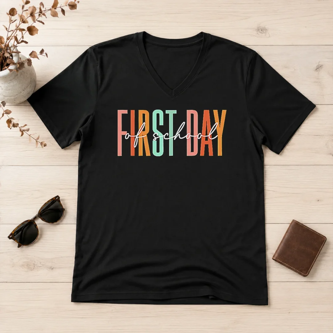 pretty-first-day-of-school-retro-typography-teacher-v-neck-shirt Pretty First Day Of School Retro Typography Teacher V-Neck Shirt