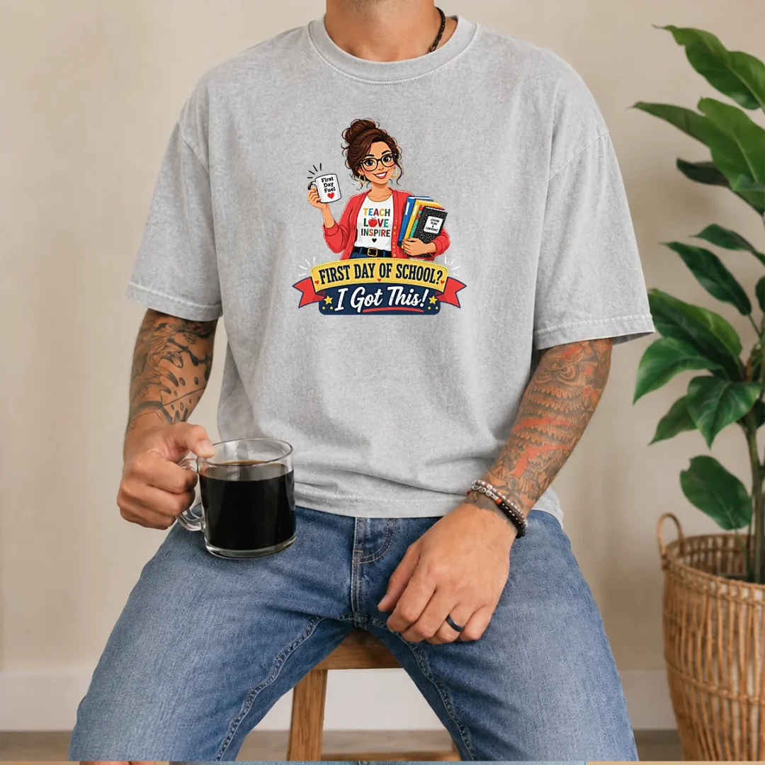 pretty-first-day-of-school-teacher-vector-washed-t-shirt Pretty First Day Of School Teacher Vector design on a soft washed t shirt in light color, front view