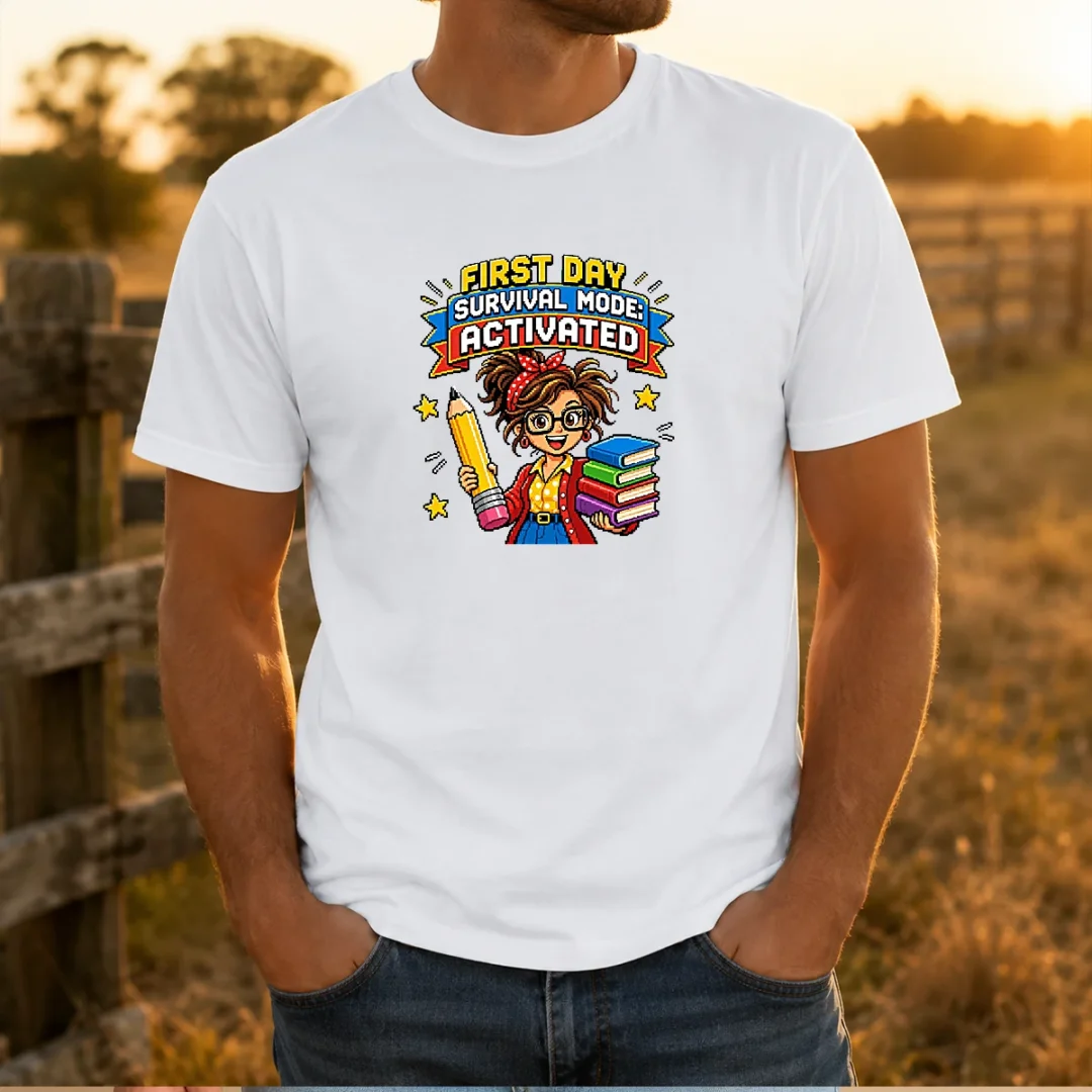 pretty-first-day-survival-mode-teacher-pixel-t-shirt Pretty First Day Survival Mode Teacher Pixel t shirt showing front graphic design on a classic crew neck cotton tee